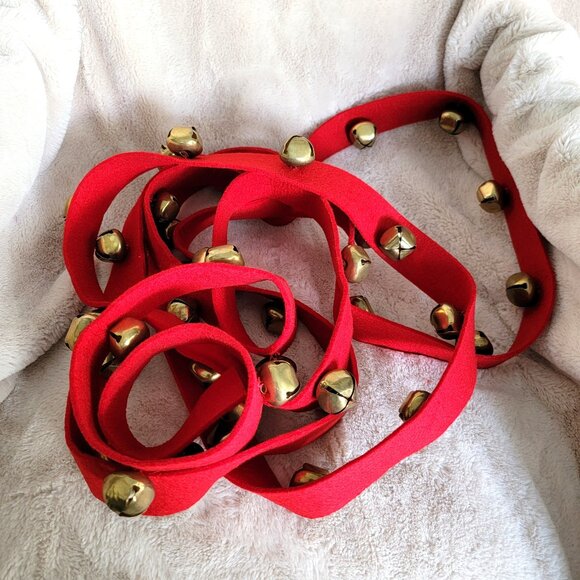 Vintage Christmas Brass Bells on Red Felt Strap 180 Inches Long GREAT COND! - Picture 1 of 4